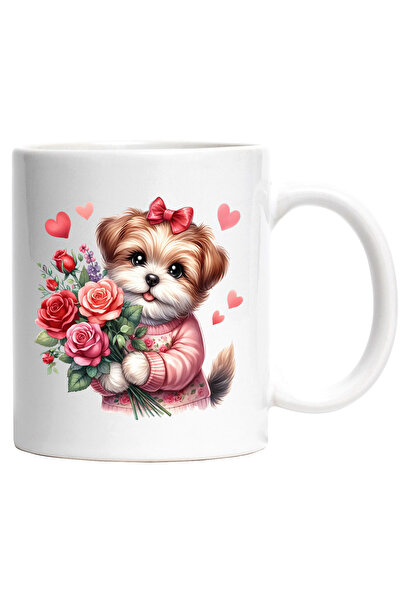 StoryGift Romania Cana cu o catelusa care tine un buchet cu trandafiri | flor...