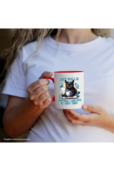 StoryGift Romania Mug with a black cat with the message "That's what I do: I read books, I drink coffee, With ,STG .