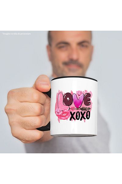StoryGift Romania Mug with the message "Love, xoxo", lips, roses, Valentine's Day, illustration, pink, With ,STG