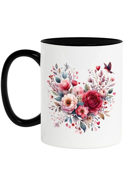 StoryGift Romania Mug with many flowers, red, pink, bird, illustration, hearts, gift, gift, bouquet, With, STG