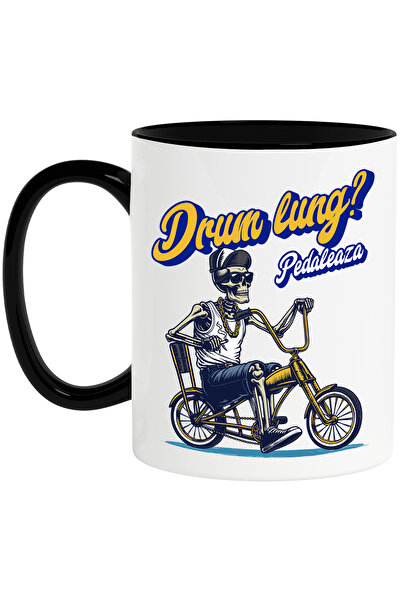 StoryGift Romania Cana Drum lung_ pedaleaza. schelete pe bicicleta, 330ml, Ceramica cu Maner Negru, Cu Maner Negru