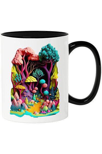 StoryGift Romania Cana Cu Padure Fantastica, Ciuperci, Culori stridente, Magie,Ceramica, 330ml, cu, Cu Maner Negru