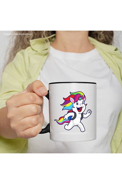 StoryGift Romania Cana Cu Unicorn, Elev, Student, Ghiozdan, Alergare, Multicolor 330 ml, Ceramica , Cu Maner Negru