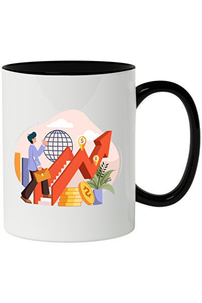 StoryGift Romania Cana Cu Scari, Servieta, Monede, Nori, Multicolor 330 ml, Ceramica cu Maner Negr, Cu Maner Negru