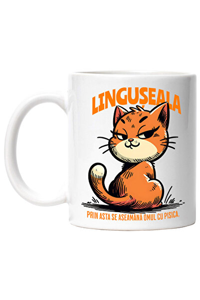 StoryGift Romania Cana Pisica portocalie text LINGUSEALA, 330ml, Ceramic cu M...