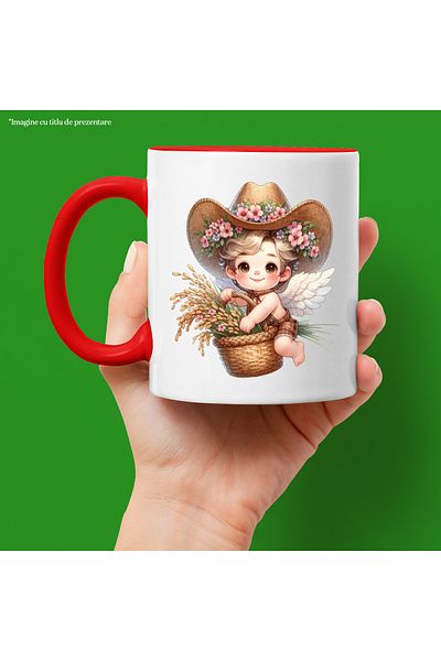 StoryGift Romania Mug with a flying baby | holding a basket of herbs | illustration | hat |, With ,STG