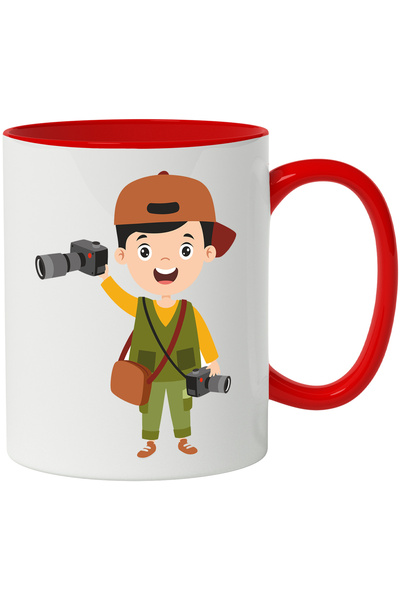 StoryGift Romania Cana Cu Fotograf, Aparat Foto, Obiectiv, Palarie, Geanta, Vesta, Multicolor 330 , Cu Maner Rosu