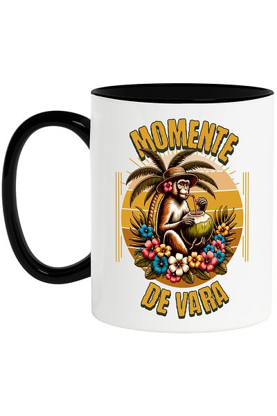 StoryGift Romania Cana Momente de vara maimuta cu nuca de cocos, 330ml, Ceramica cu Maner Negru, Cu Maner Negru