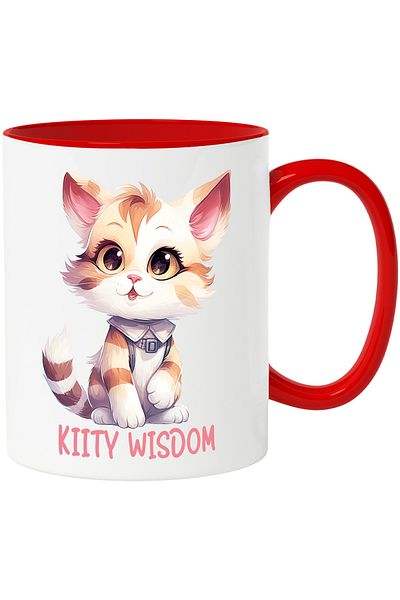 StoryGift Romania Cana cu pisicuta vesela cu mesajul "Kitty wisdom", ilustratie, intelepciune, int, Cu Maner Rosu