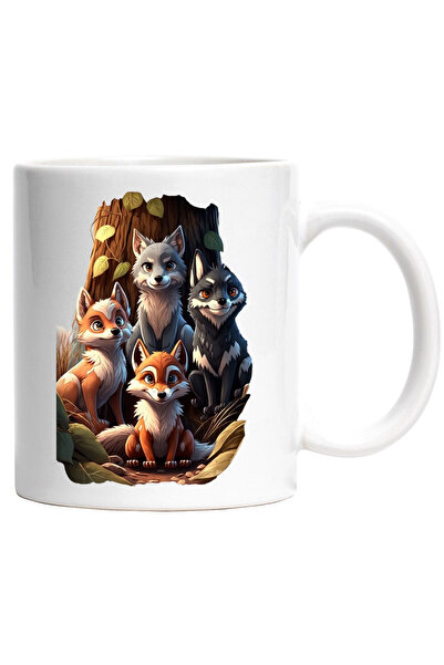 StoryGift Romania Cana Cu Vulpi si Lupi in fata unui Bustean, Desene, Animale, Caricaturi,Ceramica, Cu Maner Alb