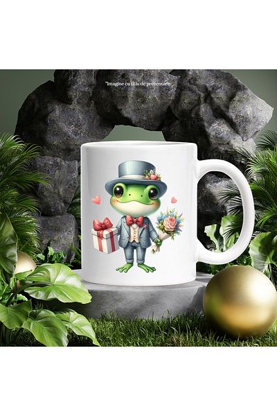 StoryGift Romania Cana cu o broasca la costum, palarie, ilustratie, inimioare, cadou, buchet cu fl, Cu Maner Alb