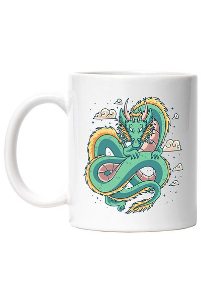 StoryGift Romania Cana Cu Dragon, Nori, Asiatic, Stele, Multicolor 330 ml, Ceramica cu Maner Alb, Cu Maner Alb