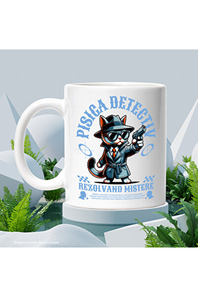 StoryGift Romania Cana Pisica Detectiv Rezolvand Mistere - Sherlock Cat, 330ml, Ceramic cu Maner A, Cu Maner Alb STG