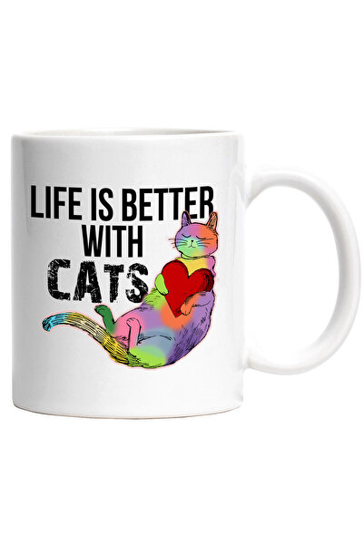 StoryGift Romania Cana cu pisica multicolora cu mesajul "Life is better with ...