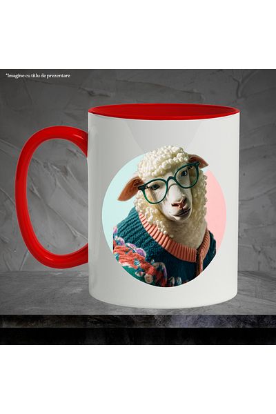 StoryGift Romania Cana Cu Oaie, Hipster, Ochelari, Pulover, Lana, Multicolor 330 ml, Ceramica cu M, Cu Maner Rosu