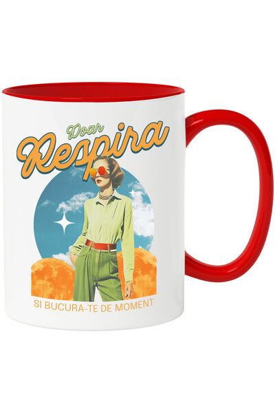 StoryGift Romania Cana cu Femeie Stil Retro Cu Ochelari De Soare Stil Aviator Arta Abstracta Nori , Cu Maner Rosu