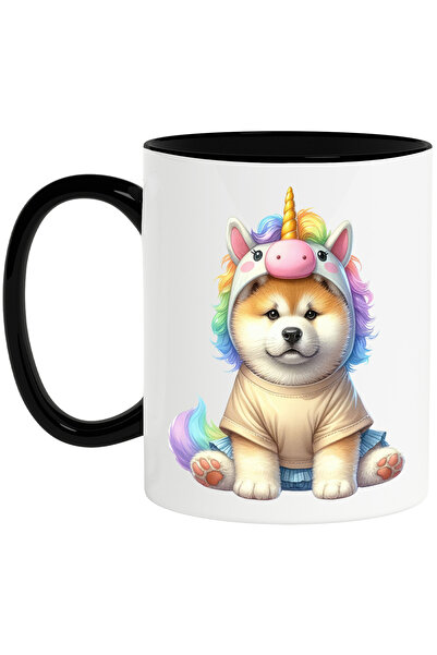 StoryGift Romania Cana cu un catel Chow Chow in costum de unicorn | ilustratie | deghizare | putin, Cu Maner Negru