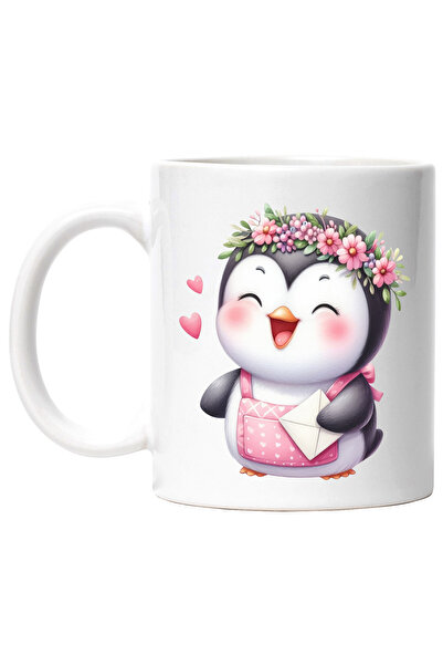 StoryGift Romania Cana cu un pinguin vesel, ilustratie, plic, scrisoare, bucurie, coronita din flo, Cu Maner Alb