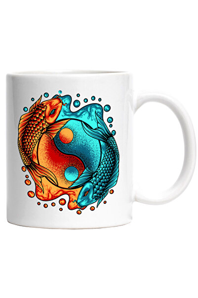 StoryGift Romania Cana Cu Pesti Koi, Ying Yang, Balanta, Asiatic, Multicolor 330 ml, Ceramica cu M, Cu Maner Alb