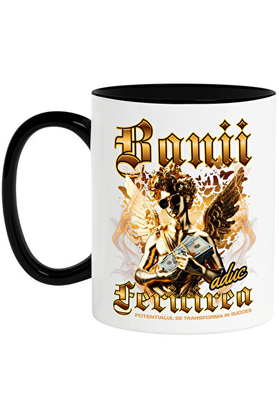 StoryGift Romania Cana Banii Aduc Fericirea - Potentialul se Transforma in Succes, 330ml, Ceramica, Cu Maner Negru