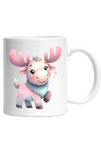 StoryGift Romania Cana cu un ren vesel | coarne | inimi | fericire | animal salbatic | natura | li, Cu Maner Alb