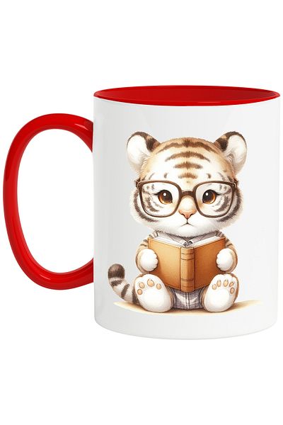 StoryGift Romania Mug with a little tiger holding a book, illustration, glasses, reading, bye, With, STG