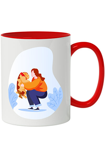 StoryGift Romania Cana Cu Catel, Fata, Zgarda, Multicolor 330 ml, Ceramica cu Maner Rosu, Cu Maner Rosu