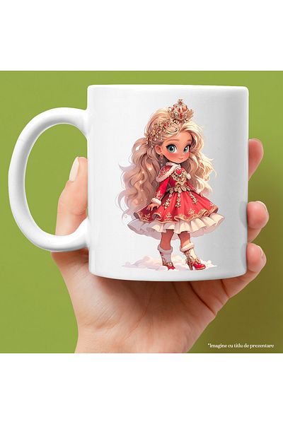 StoryGift Romania Cana cu o fetita dragalasa cu coronita | ilustratie | rochie rosie | par blond l, Cu Maner Alb