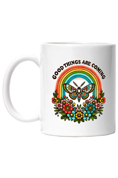 StoryGift Romania Cana cu o molie cu mesajul "Good things are coming", stilul hippie, cultura, ilu, Cu Maner Alb