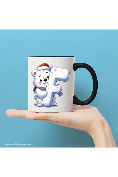 StoryGift Romania Mug with a polar bear holding the letter "F" | illustration | hat | scarf | school, With Black Handle