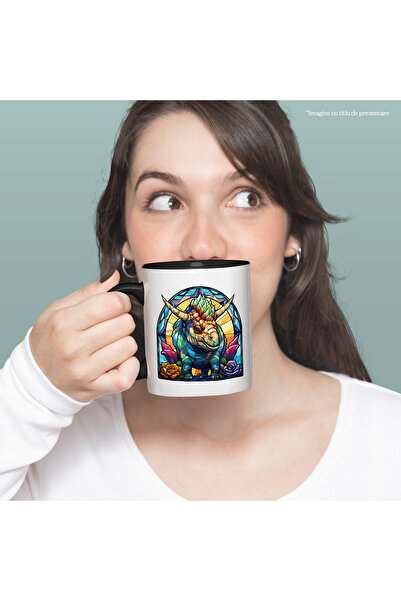 StoryGift Romania Cana cu un dinozaur in stil mozaic, ilustratie, flori, acum...