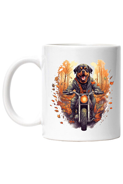 StoryGift Romania Cana cu un catel Rottweiler pe motocicleta | ilustratie | frunzele cad | toamna , Cu Maner Alb