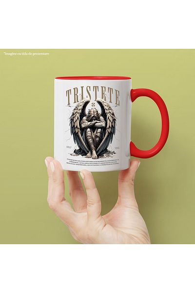 StoryGift Romania Sadness Mug - Fallen Angel with Motivational Message, 330ml, Ceramic with Red Handle, With M,STG.