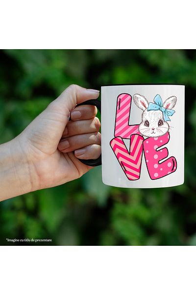 StoryGift Romania Cana cu mesajul "Love", Paste fericit, ilustratie, sarbatori pascale, iepuras, f, Cu Maner Negru