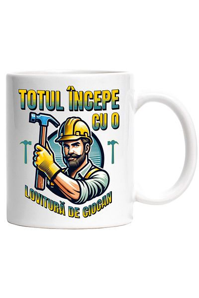 StoryGift Romania Cana Barbat Constructor Totul începe cu o lovitura de ciocan, 330ml, Ceramic cu , Cu Maner Alb