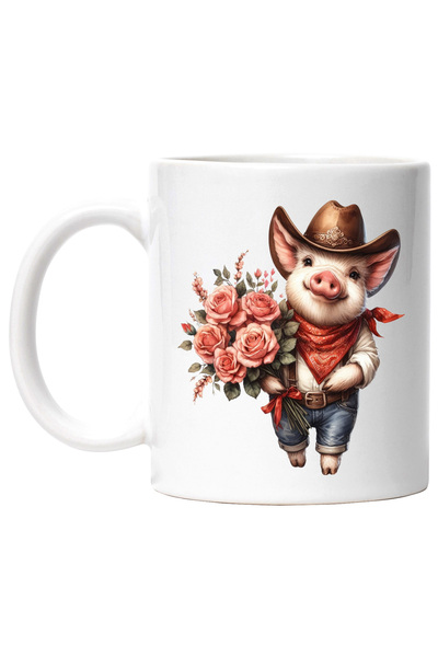 StoryGift Romania Cana cu un purcelus cowboy care tine un buchet cu trandafir...