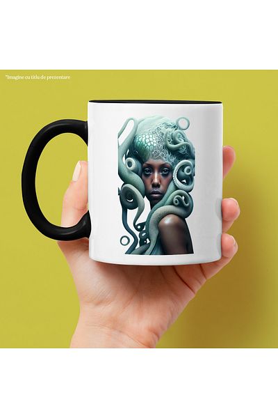 StoryGift Romania Cana cu Portret Femeie Medusa, Femeie de Culoare, Serpi Albastri, Mitologie, Med, Cu Maner Negru