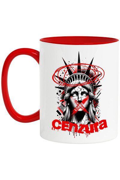 StoryGift Romania Cana cu Chip Statuia Libertatii Cenzura New York Arta Moderna, Ceramica, 330ML, , Cu Maner Rosu