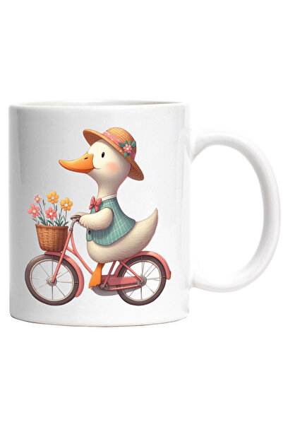 StoryGift Romania Cana cu un gascan care merge cu bicicleta | ilustratie | cos cu flori | cadou pe, Cu Maner Alb