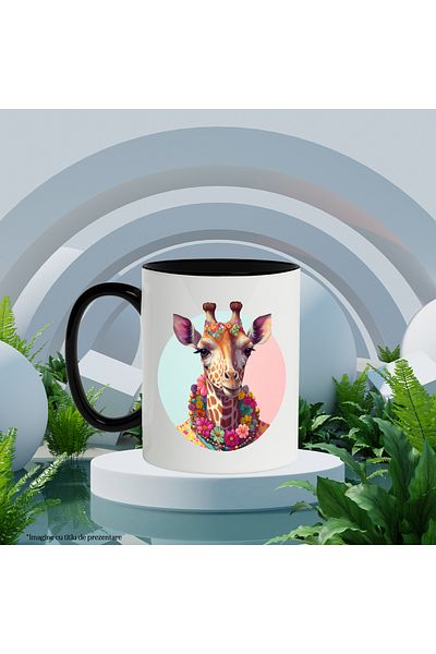 StoryGift Romania Cana Cu Girafa, Hippie, Flori, Lantisor, Coroana, Fantasy, Multicolor 330 ml, Ce, Cu Maner Negru