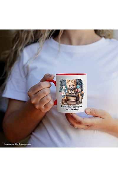 StoryGift Romania Mug with a kitten sitting on a stack of books | illustration | studied everything, With,STG