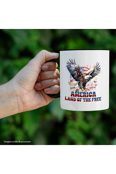 StoryGift Romania Cana cu un vultur cu cap alb cu mesajul "America, land of the free", ilustratie,, Cu Maner Negru