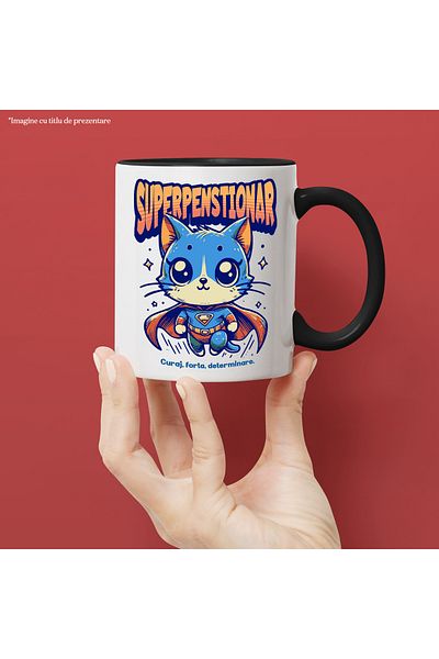 StoryGift Romania Super Pensioner Mug, Superhero, Flying Cat, 330ml, Ceramic with Black Handle, With M,STG