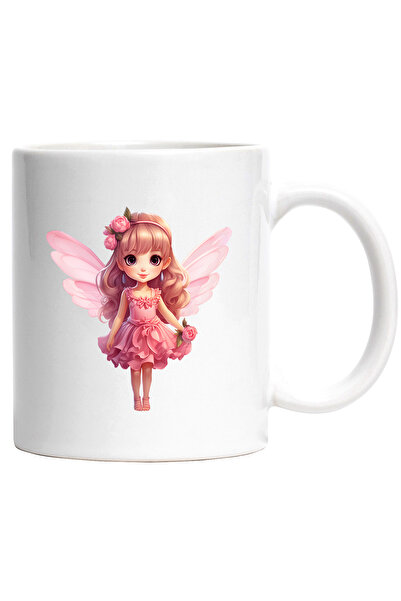 StoryGift Romania Cana cu o fetita dragalasa cu aripi de zana | ilustratie | flori | rochita | roz, Cu Maner Alb