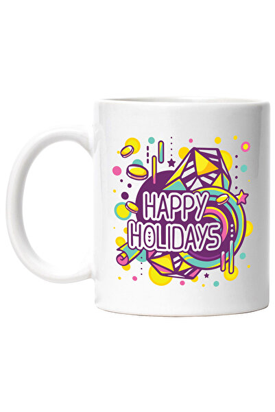 StoryGift Romania Cana Cu Mesaj In Engleza Happy Holidays, Vacanta, Abstract, geometric, Multicolo, Cu Maner Alb