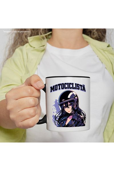 StoryGift Romania Cana Fata stil anime cu casca iubitoare de viteza text Motociclista, 330ml, Cera, Cu Maner Negru