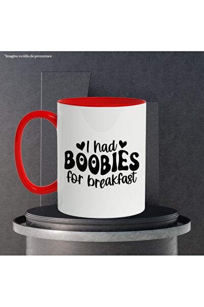 StoryGift Romania Mug with hearts and the message 'I had bo*bies for breakfast' - milk at the little dej, With ,STG