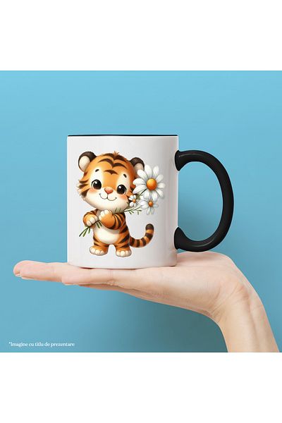 StoryGift Romania Mug with a tiger cub holding some white flowers | illustration | nature | plant, With ,STG