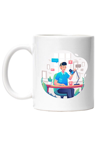 StoryGift Romania Cana Cu Podcast, Microfon, Casti, Birou, Multicolor 330 ml, Ceramica cu Maner Al, Cu Maner Alb