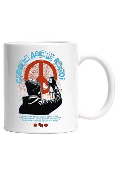 StoryGift Romania Cana Creeaza Arta nu Razboi - Streetwear, Graffiti , 330ml, Ceramic cu Maner Alb, Cu Maner Alb